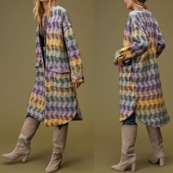 Anthropologie Pilcro Geo Sweater Coat Longline Rainbow Tweed Chevron Size Small - Picture 1 of 16